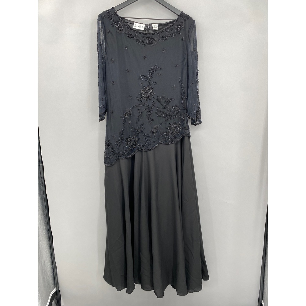 Scala Beaded Evening Gown Womens M L Black Maxi Dress Formal Sheer Mother Bride